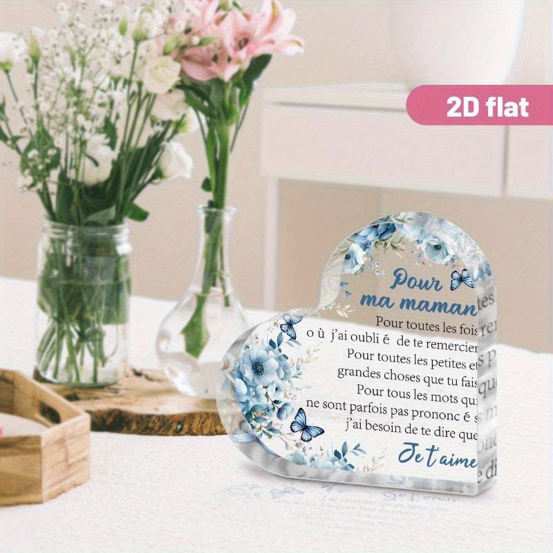 2D Flat, "Pour Ma Maman" Heart-Shaped Acrylic Decorative Plaque, Blue Floral Design & French Inscription, Suitable for Wall Decoration, Porch, Room, V