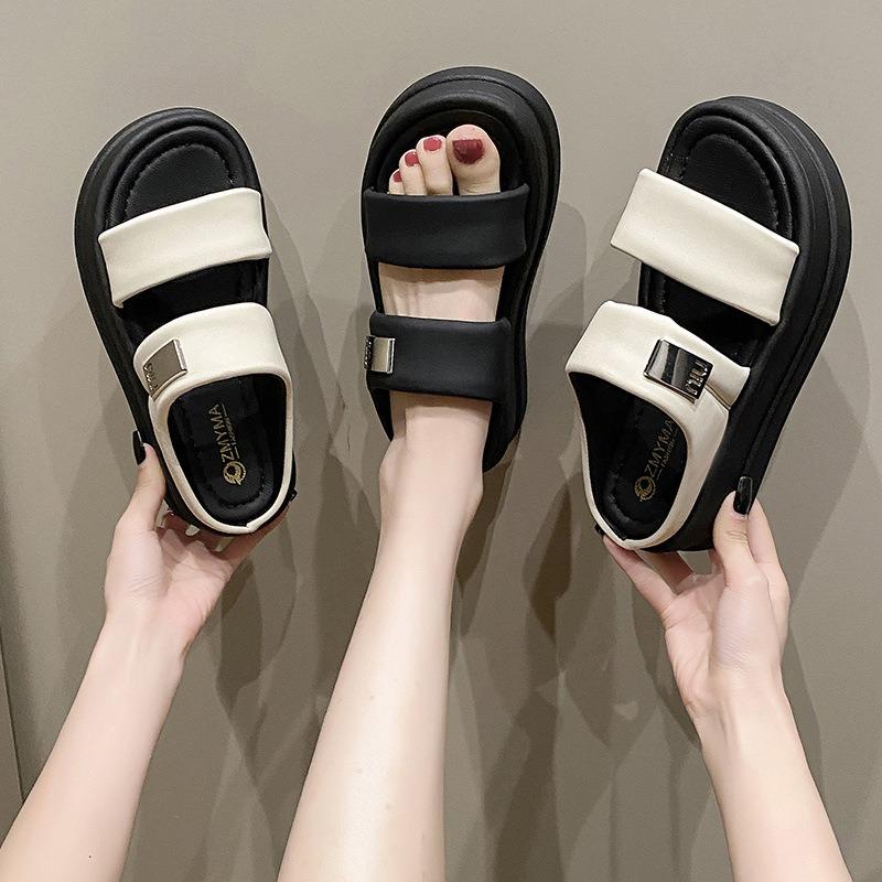Summer new muffin thick-bottomed metal one-word drag beach heightening slippers women's summer wear