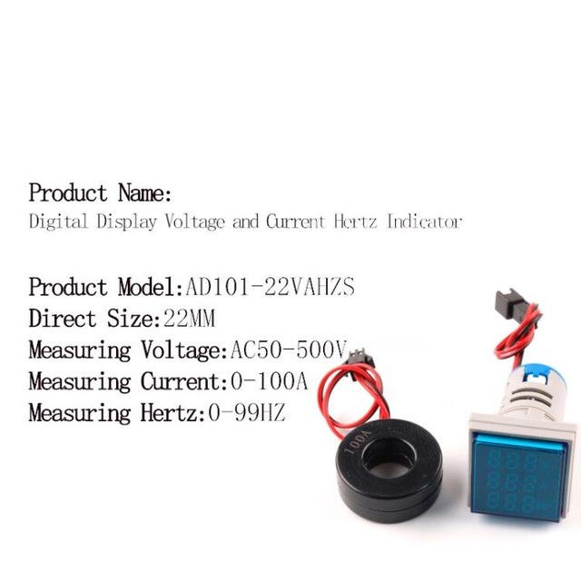 Square Digital Voltmeter Ammeter Hertz  22mm AC50-500V 0-100A 0-99Hz Amp Volt Hertz Voltage Tester Meter LED Pilot Lamp Light