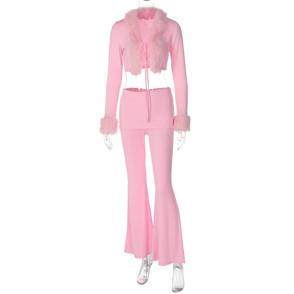 Women Solid Furry Long Sleeve Top Slim Flared Long Pants Two Piece Outfit