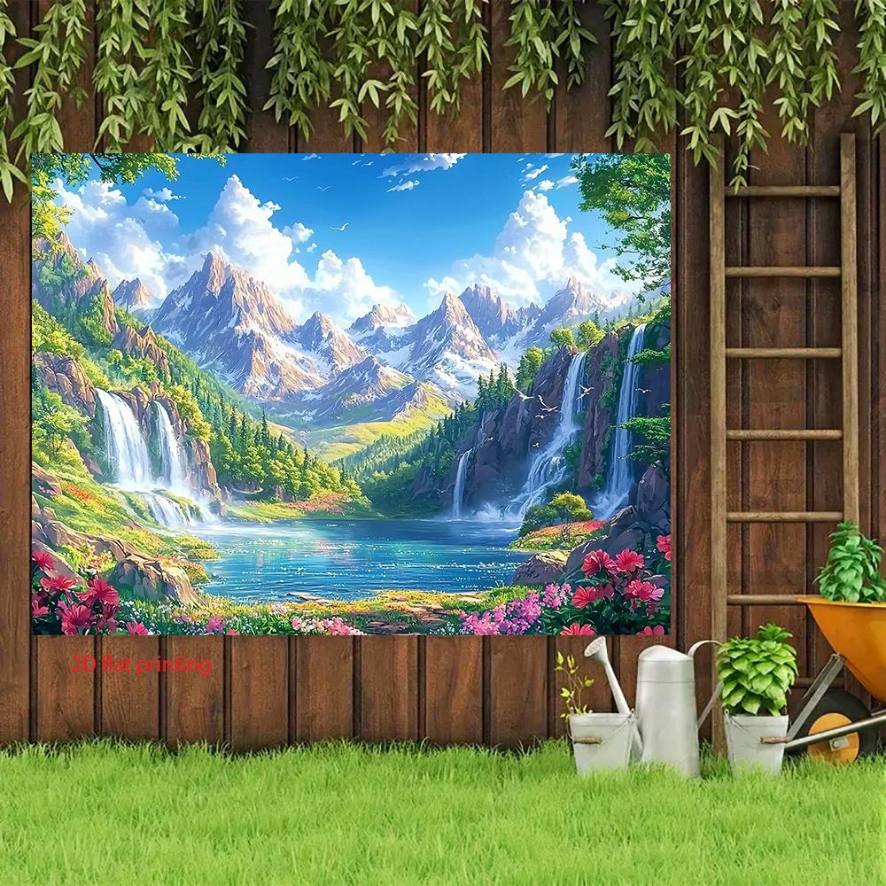 2D Flat Surface Landscape Waterfall Lake Scene Banner Home/outdoor Decoration Polyester Fiber
