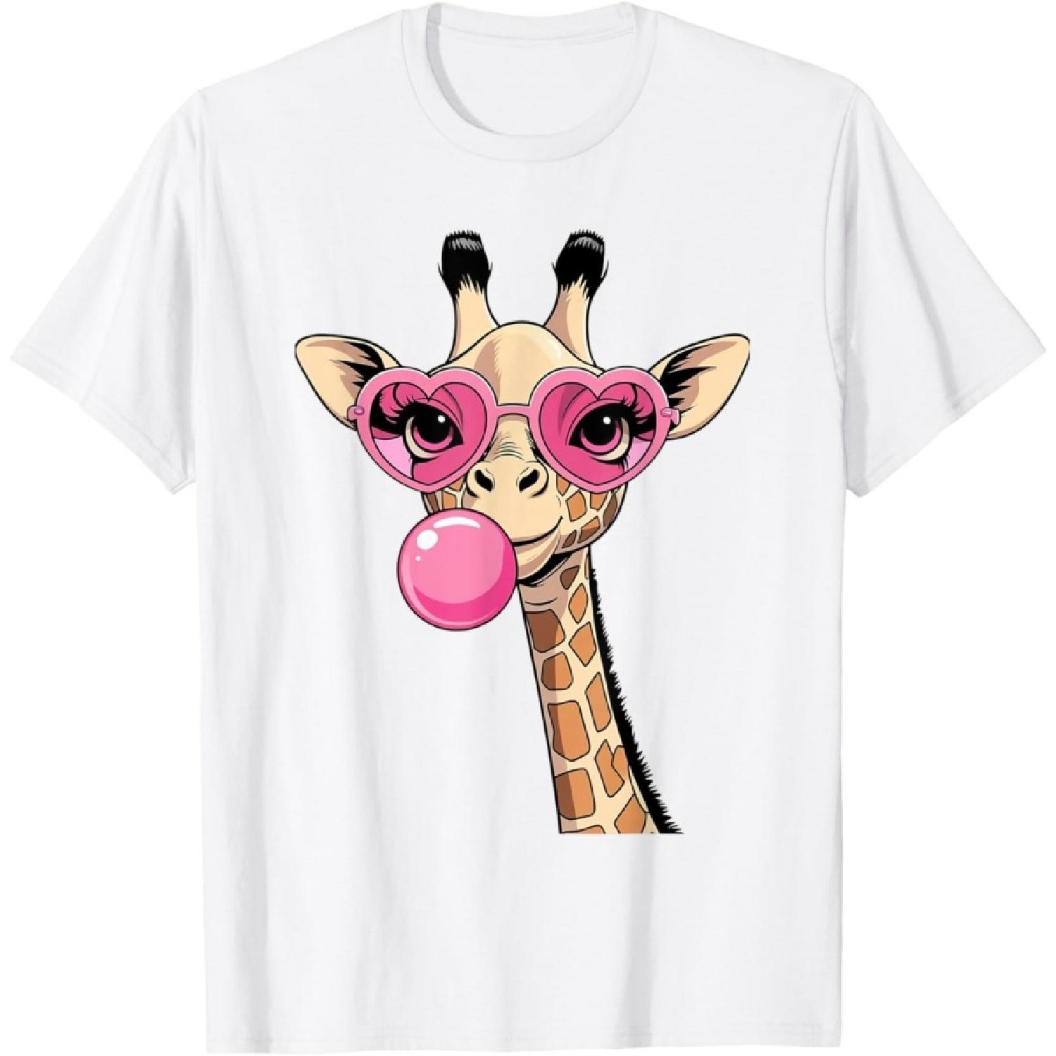 funny cute giraffe with pink bubble gum and sunglasses T-Shirt S