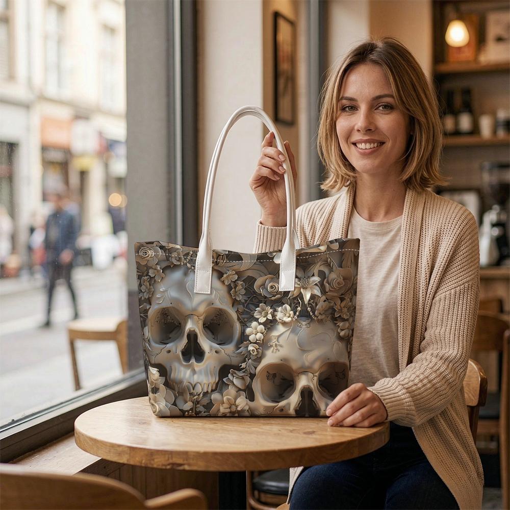 Elegant Skull Floral Print Shoulder Tote Bag For Daily Casual Use