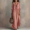 Women's V Neck Three Quarter Sleeve Maxi Dress Loose Fit High Waist Striped Dress With Ruffle Trim Boho Vacation Beach Dress