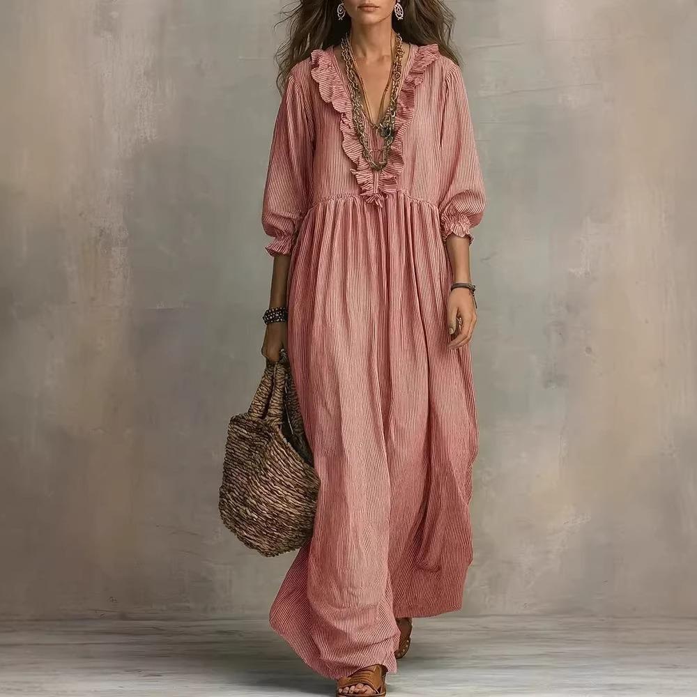 Women's V Neck Three Quarter Sleeve Maxi Dress Loose Fit High Waist Striped Dress With Ruffle Trim Boho Vacation Beach Dress