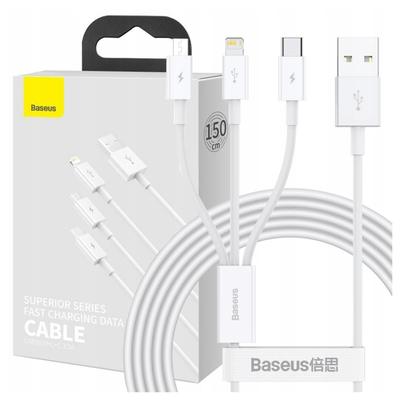 Baseus Superior Series 3-in-1 USB Cable, USB To Micro USB / USB-C / Lightning, 3.5A, 1.5M (White)