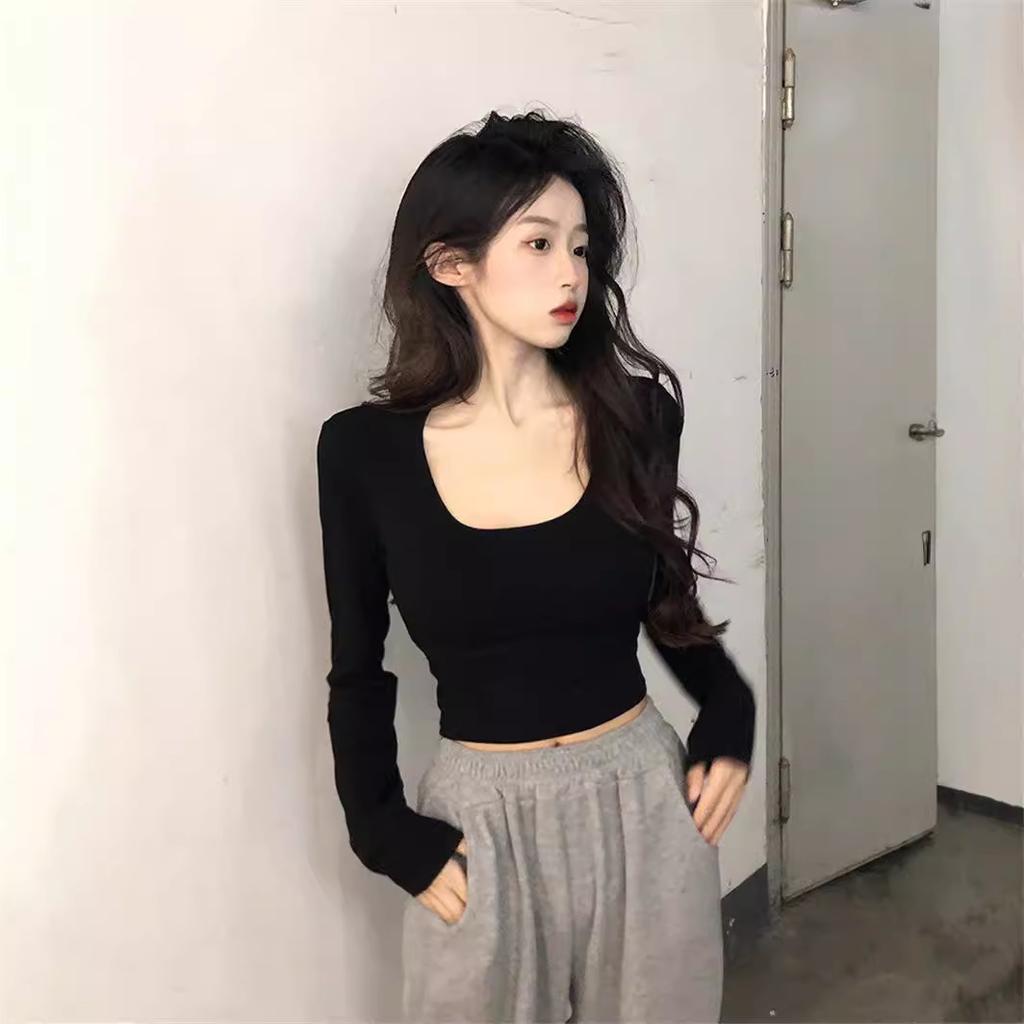 White cotton round neck long-sleeved t-shirt women's 2025 new early autumn chic top slim-fitting inner bottoming shirt