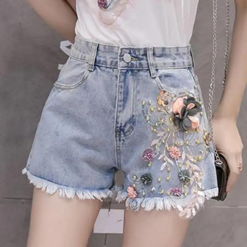 3D Florale Spitze Sommer Denim Shorts Damen Streetwear Hohe Taille Schlanke Passform Y2k Zerrissen Mode Shorts Große Größen