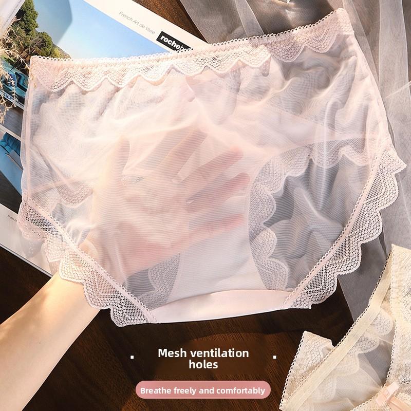 Plus Size Female Summer Sexy Seduction Lace 7A Antibacterial Cotton Extended Crotch Transparent Mesh Briefs