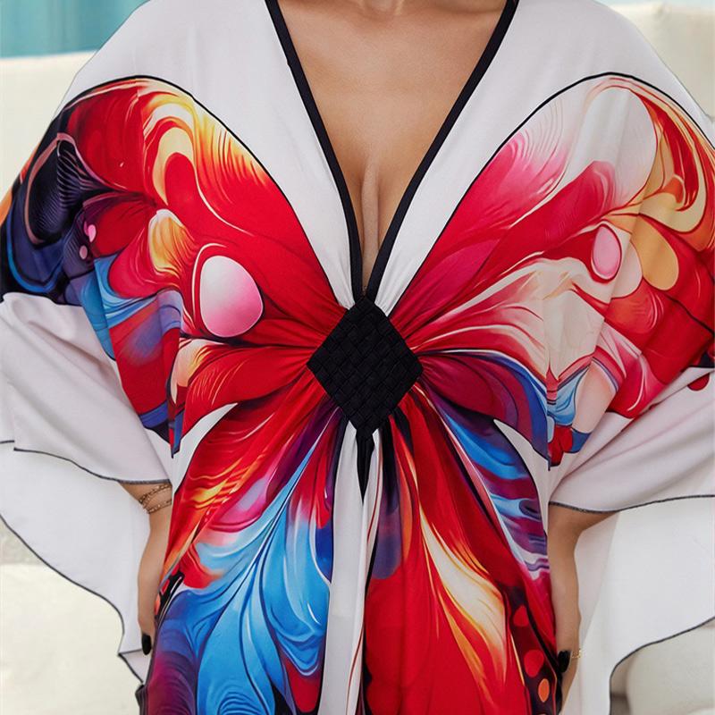 EDOLYNSA 2024 Women's Plus Size Kaftan Beach Maxi Dress Red Butterfly Printed Turkish Robe Summer Holiday Beachwear Bathing Suit Cover Up Q1588