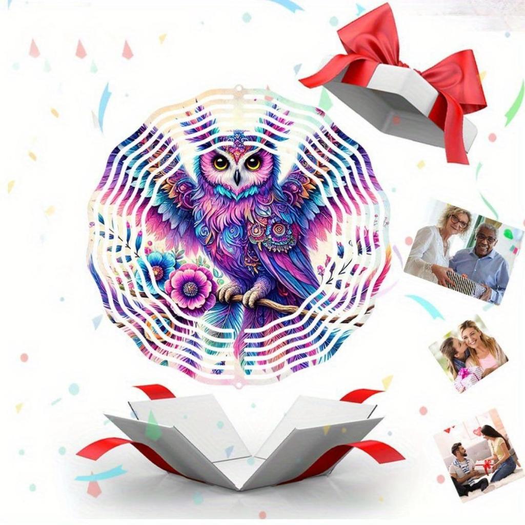 Metal Rotating Wind Chime with Owl and Floral Design Colorful Outdoor Garden Decor Soothing Sound No Electricity Needed Holiday Home