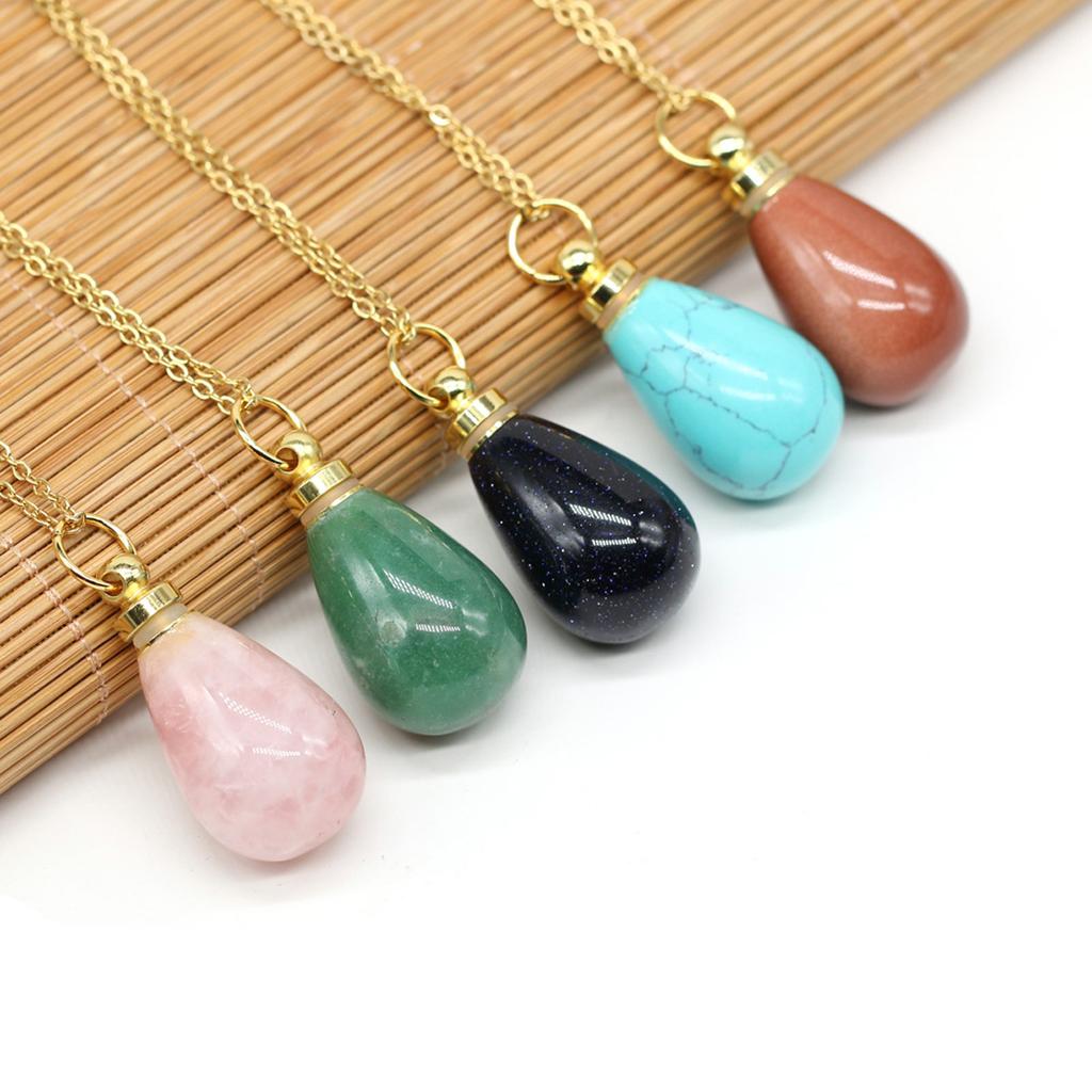1Pc, Crystal Perfume Bottle Pendant Necklace - Natural Stone Charms with Golden Chain | Boho Chic Jewelry, Gifts for Her, Women's Fashion Accessories