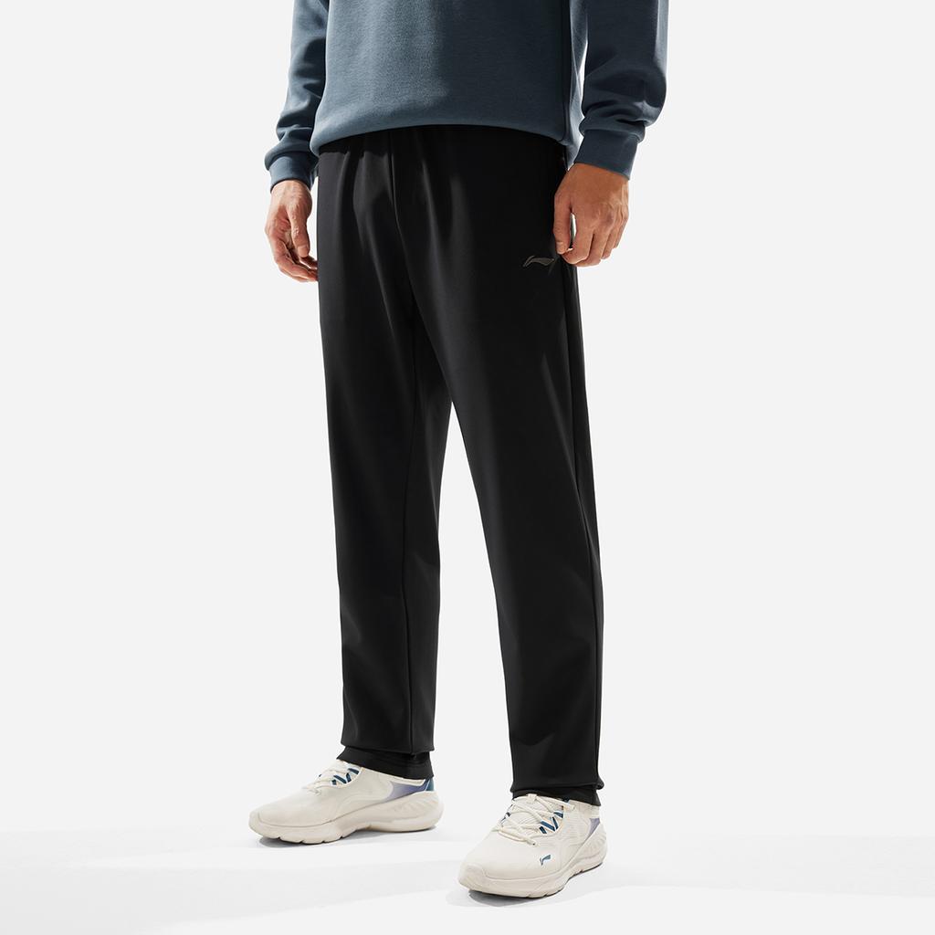 Li Ning Fitness Series Solid Color Mid Waist Comfortable Fleece Breathable Straight Leg Knitted Sports Pants Men Bottoms Black AYKU525-1