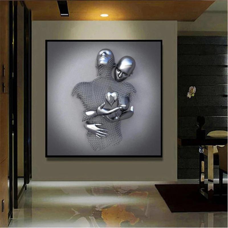 3d Wall Art Canvas  Painting Abstract Metal Figure Statue Embracing Art Poster Modern Style Office