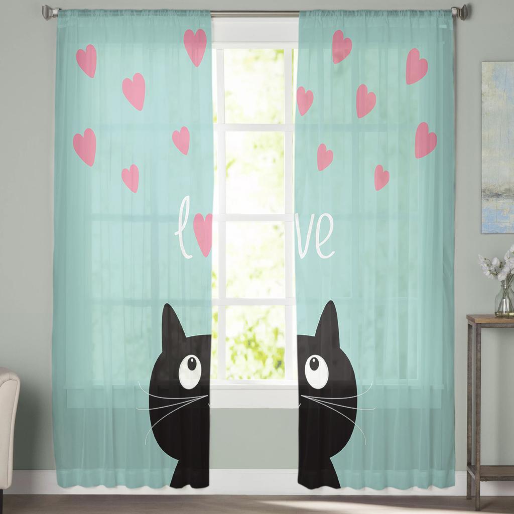 Cat Love Letters Sheer Curtain For Bedroom Tulle Voile Curtain For Kitchen Living Room Decor Window Treatment