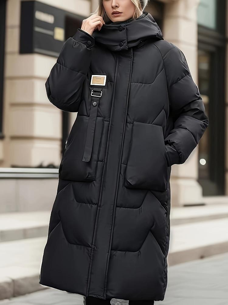 Solid Color Zip-Up Hooded Coat, Versatile Warm Quilted Detail Long Sleeve Mid-length Coat for Winter, Women's Clothing