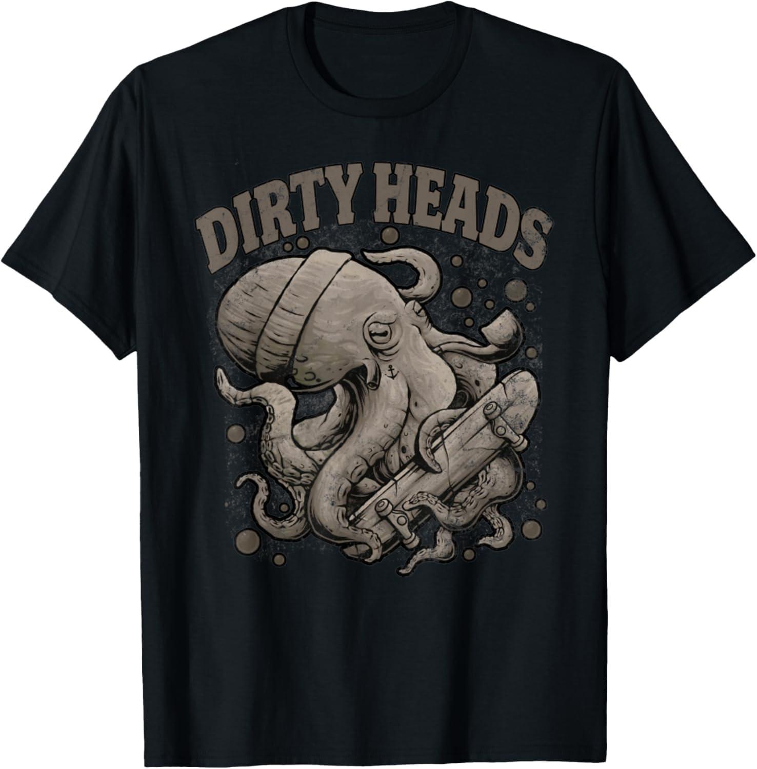 XWDHMHFE Vintage Dirty Octopus Heads with Skateboard Music Lover T-Shirt S
