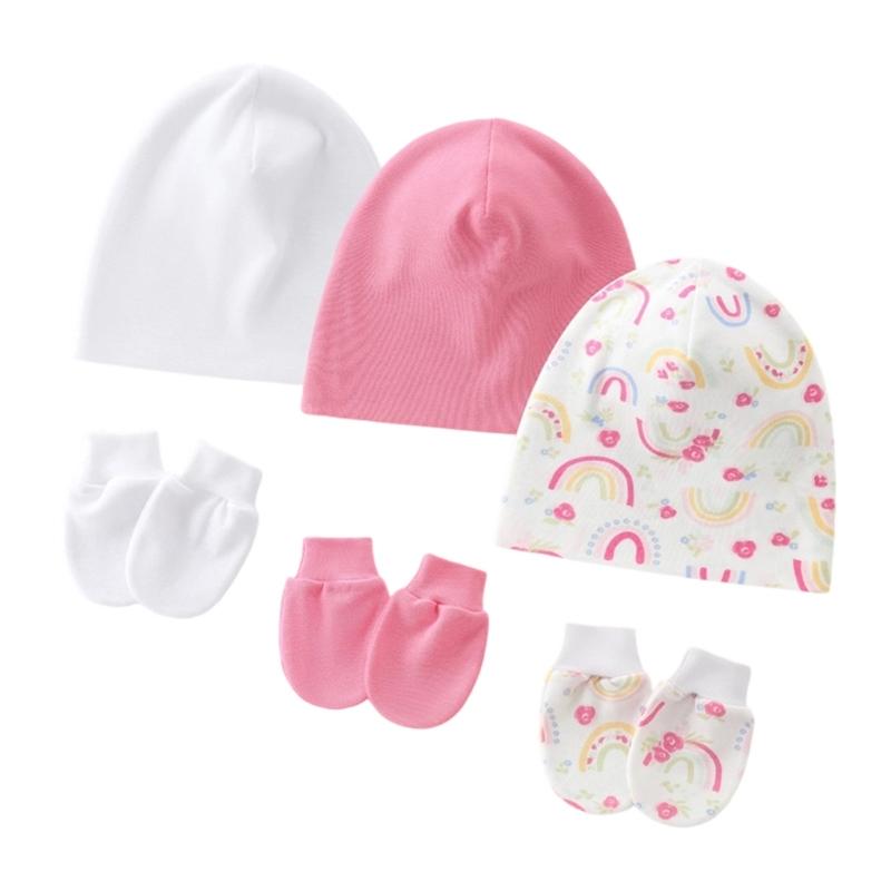 3 Set Baby Bonnet Caps Newborns Fetal Hat Fashionable Brimless Hat Trendy Headgear with Soft Anti-grab Mittens Gloves