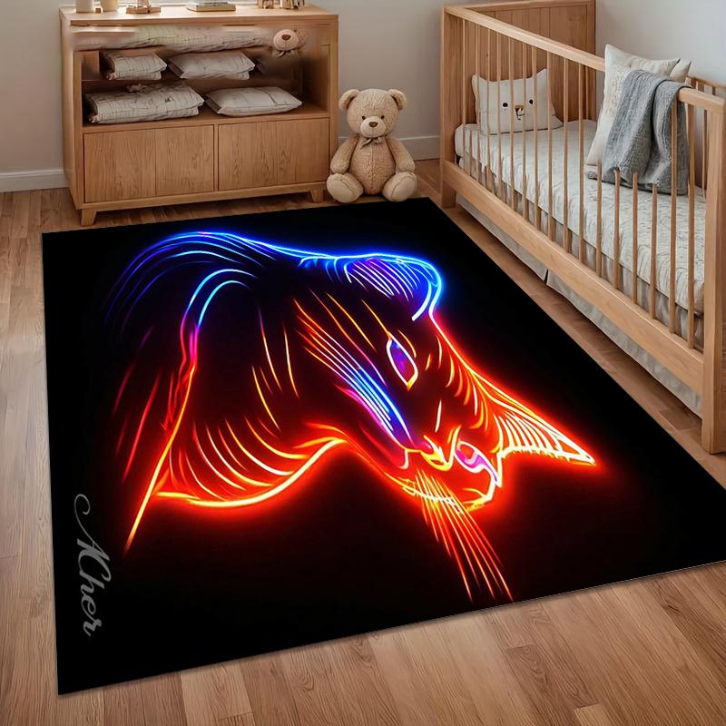 1pc Neon Cat Head Rug Vibrant Light Pattern Non Slip Floor Mat for Living Room Bedroom Neonpunk Home Decor Carpet