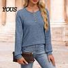 Crew Neck Pullover Women Ribbed Long Sleeve Top, Loose Casual Blouse with Button, Solid Soft Blouses Color ShCrew irt for Spring Autumn Top