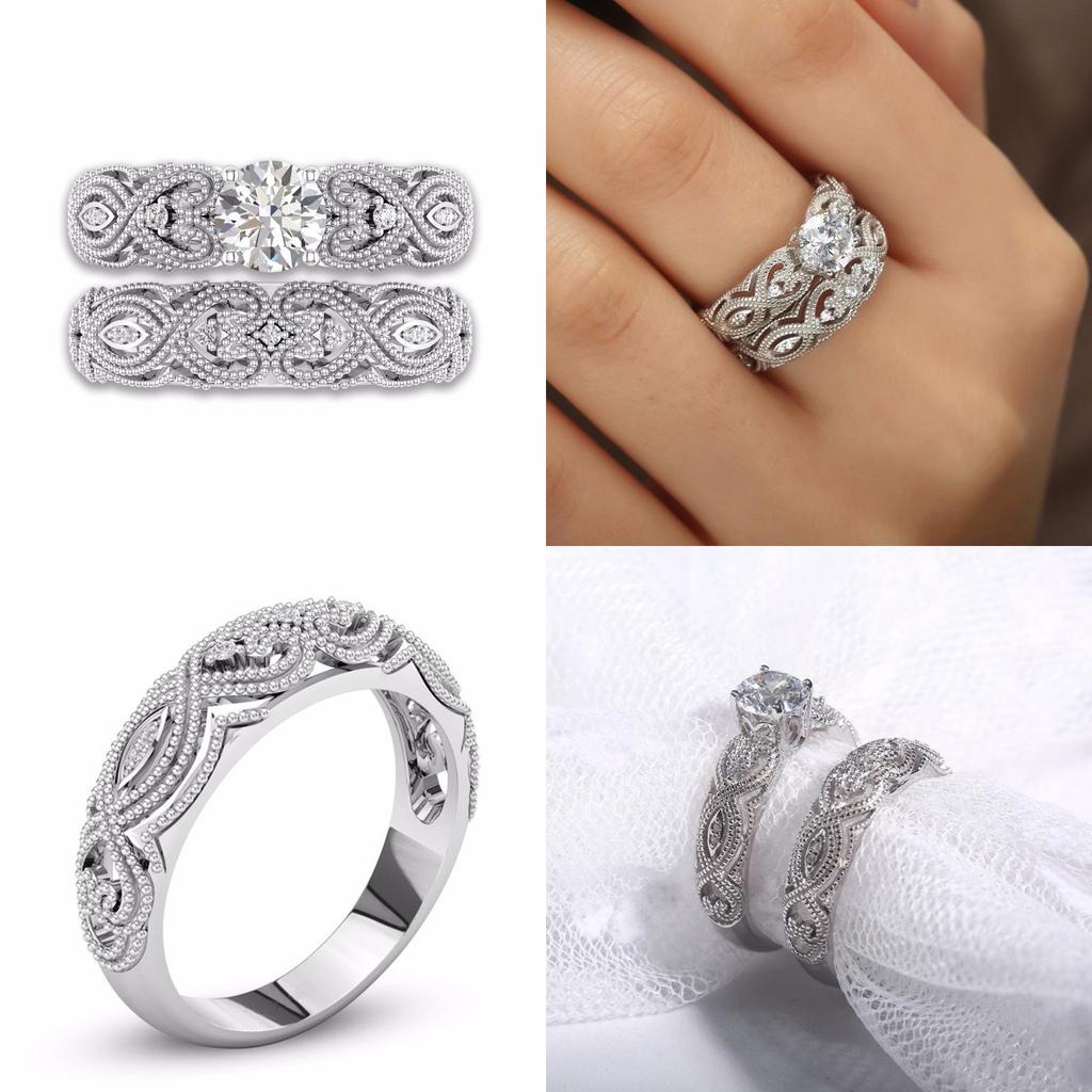 Elegant 2-in-1 Womens White Retro Engagement Wedding Band Heart Rings Set For Brides
