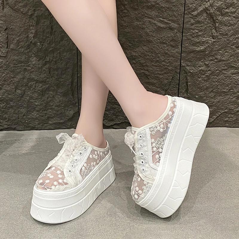 Fashion 8CM Women's Slippers 2025 New Bling Summer Women's Platform Slippers Lace Rhindiamonds High Toe Closed Slippers Women Mule Shoes