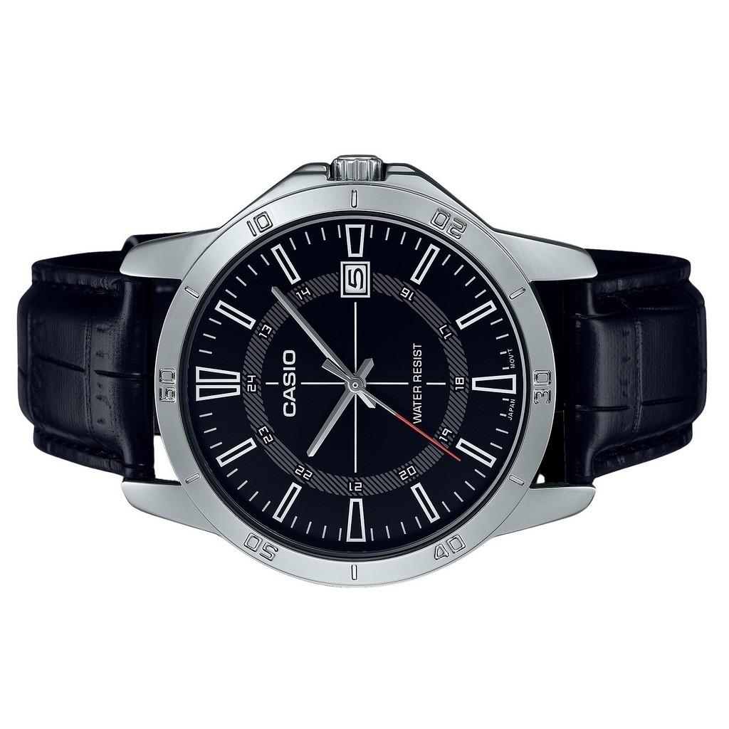 Casio Standardowy męski zegarek analogowy ze skórzanym paskiem i czarną tarczą. Kwarcowy zegarek MTP-V004L-1C