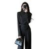 Retro Dark Gray Lace-Up Shirt & Wide-Leg Pants Suit for Mature Women - Spring 2026