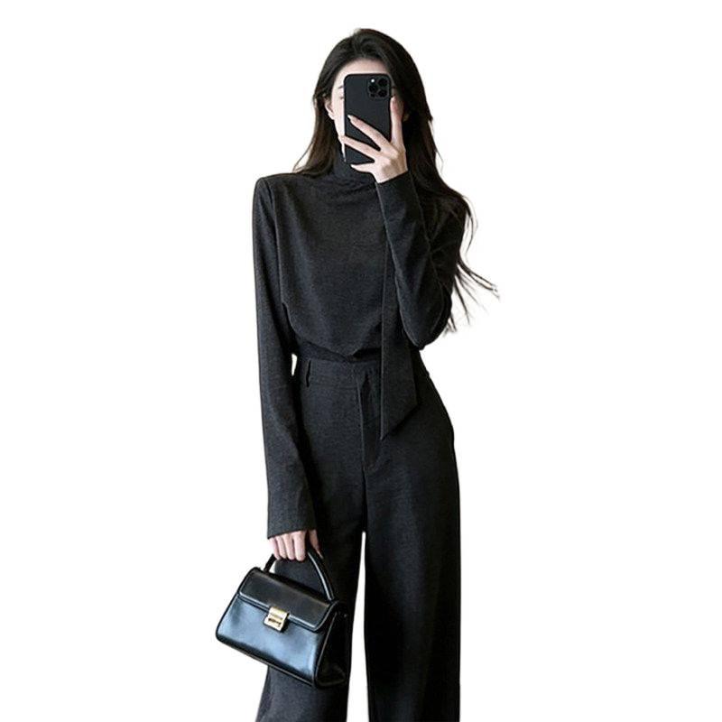 Retro Dark Gray Lace-Up Shirt & Wide-Leg Pants Suit for Mature Women - Spring 2026