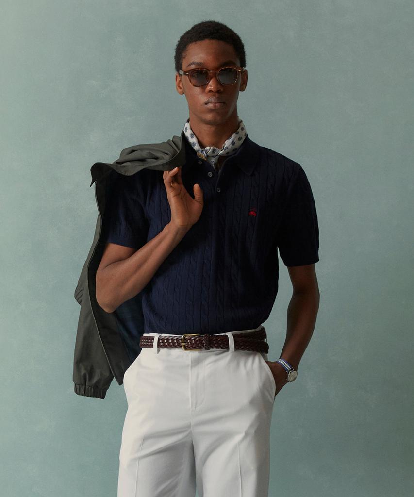 BROOKS BROTHERS Cotton Cable Polo Short Sleeve Sweater (Dark Navy) (Bbwtmog204)