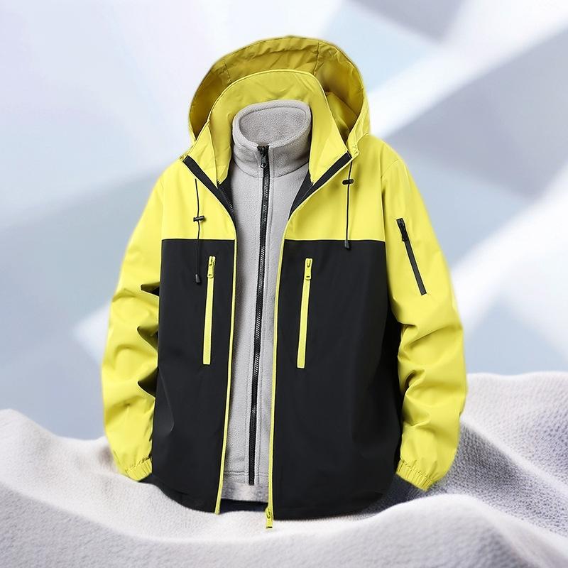 Men's Winter Fleece Inner Lining Hiking Suit, Windproof and Waterproof Splicing Hooded Three In One Assault Suit for Hiking