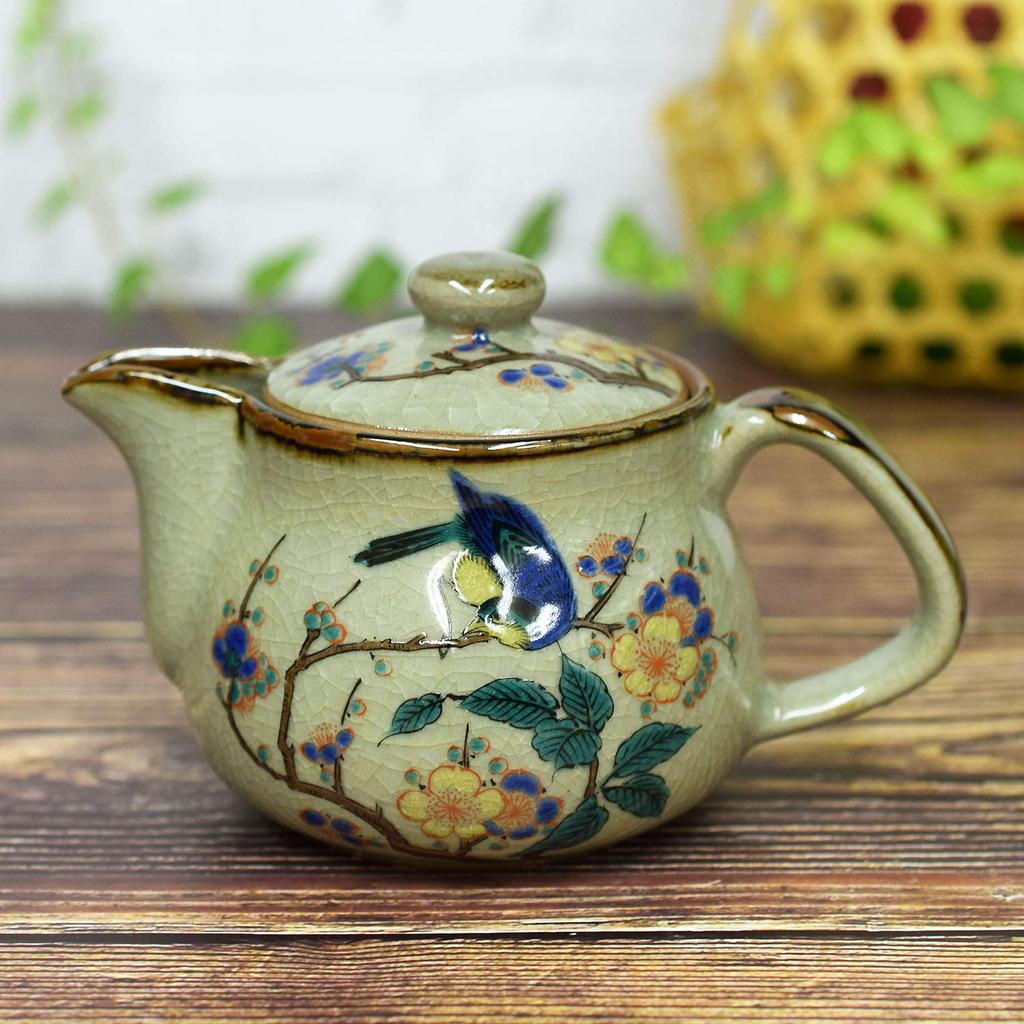 Kutani ware teapot with flower and bird design and net, AK4-0572