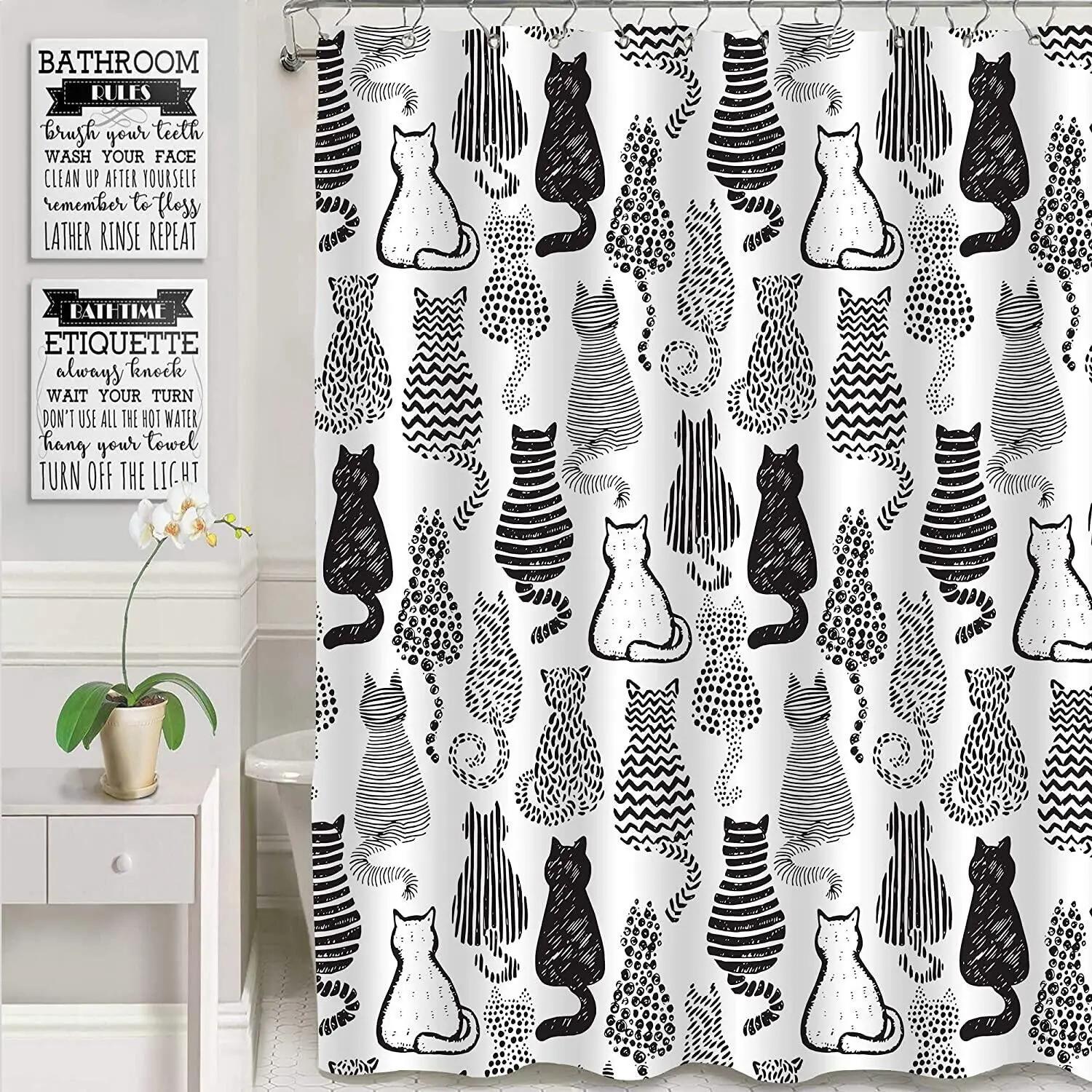 

Black and White Cat Shower Curtains Set Cute Abstract Kitten Theme Woman and Girl Gifts Fabric Bath Curtain For Bathroom Decor 90x180cm-35x70in