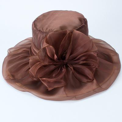

New retro mesh yarn flower temperament sunshade vacation sun hat big edge hat women s hat travel organza hat M（56-58cm） кавовий