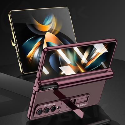 Electroplated Magnetic Hinge Pen Holder Case for Samsung Galaxy Z Fold 4 Case with Glass Film Clear Hard Cover for Samsung Fold 5 Plating Case