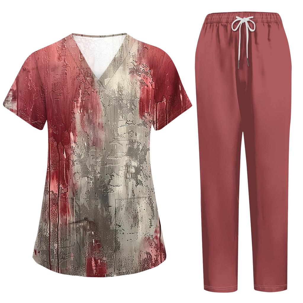 Women's Halloween Print Scrub Set - Short Sleeve Top and Pants with Pockets for Work
