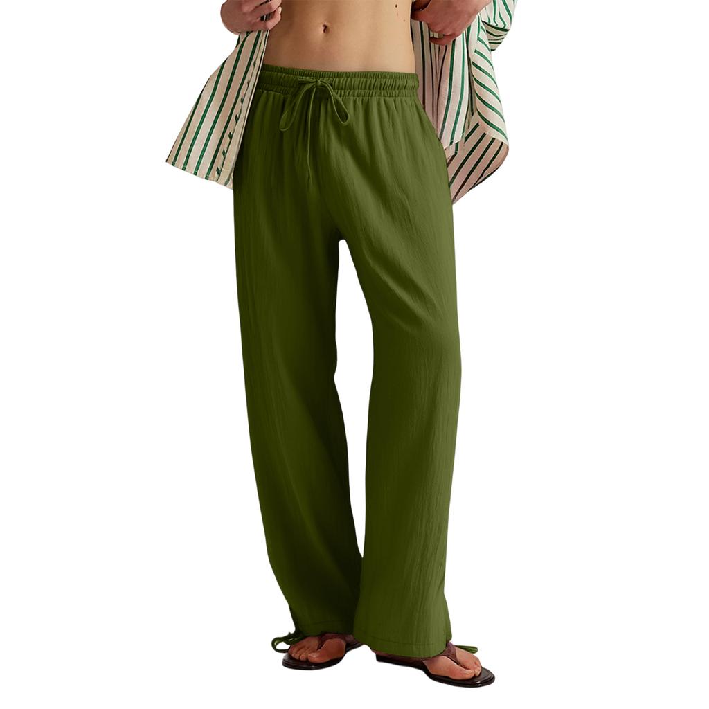 Women's Casual Fashion Color Elastic Waistband Pocket Wide-Leg Straight-Leg Pants