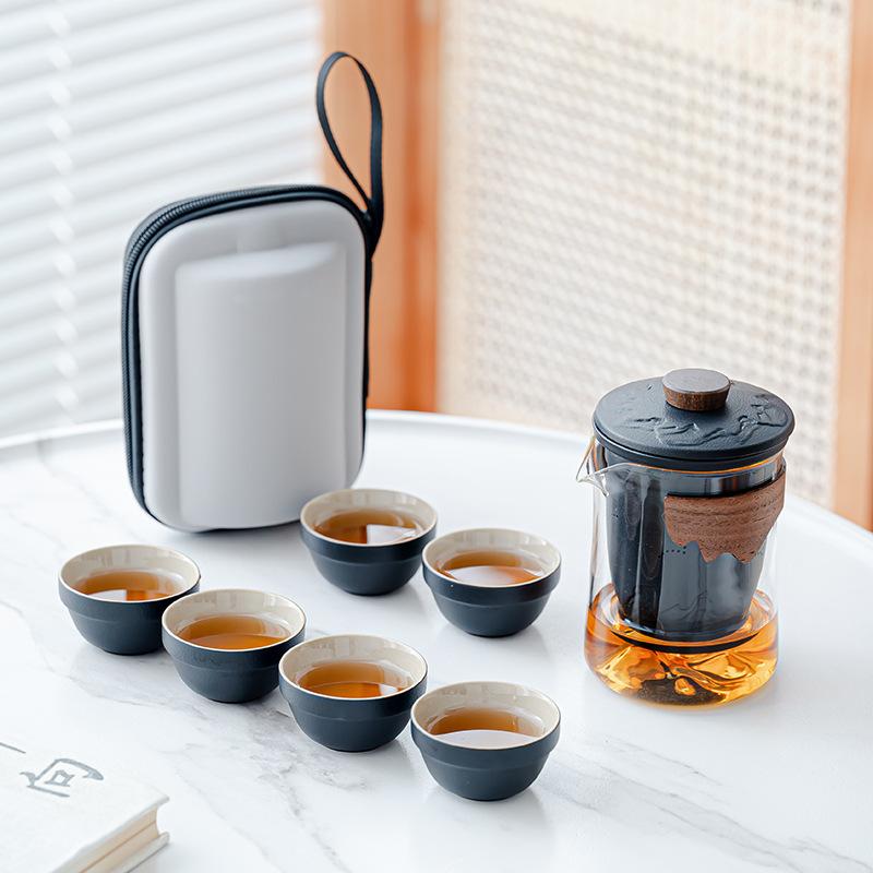 Glass Travel Tea Set Portable One Pot Six Cups Express Cup Car Outdoor Camping Tea Business Gift