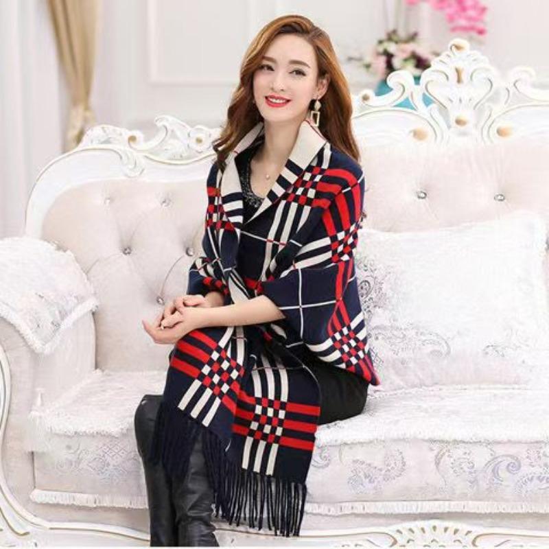 Striped Plaid Tassel Cloak Women Sweater Scarf Shawl Bat Sleeve Cloak Paired with Warm Cardigan Jacket