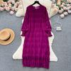 Herbst Vintage Frauen Drapierte Lose Midi Kleid Elegante Runde Kragen Puff Langarm Robe Casual Kleider Neue