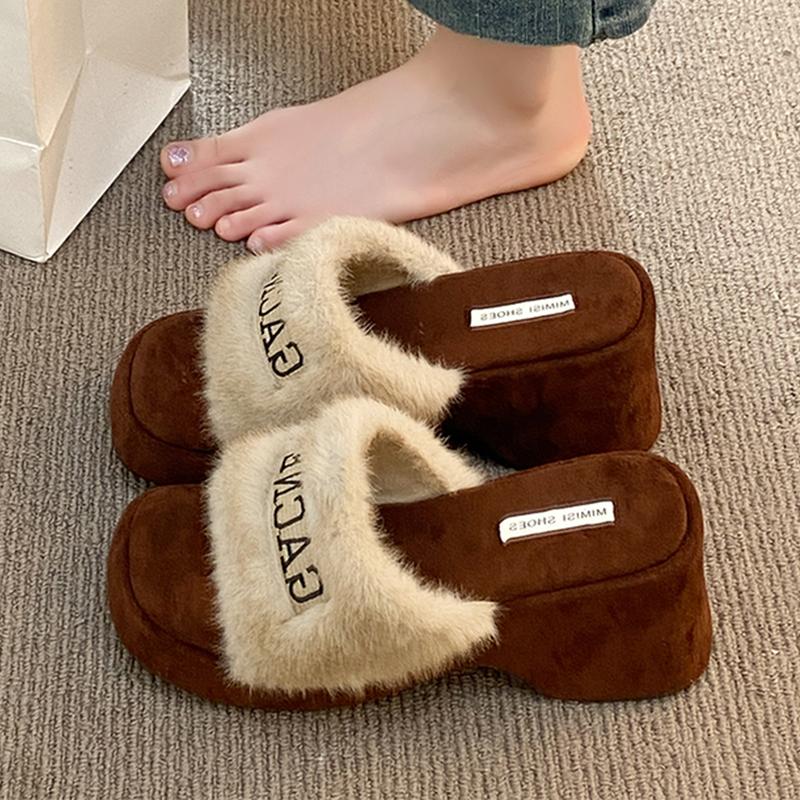 Fur High Heels Women Slippers Leopard Elegant Shoes Heeled Sandals  Autumn Luxury  Slides Party Pumps Snow Mujer Botas