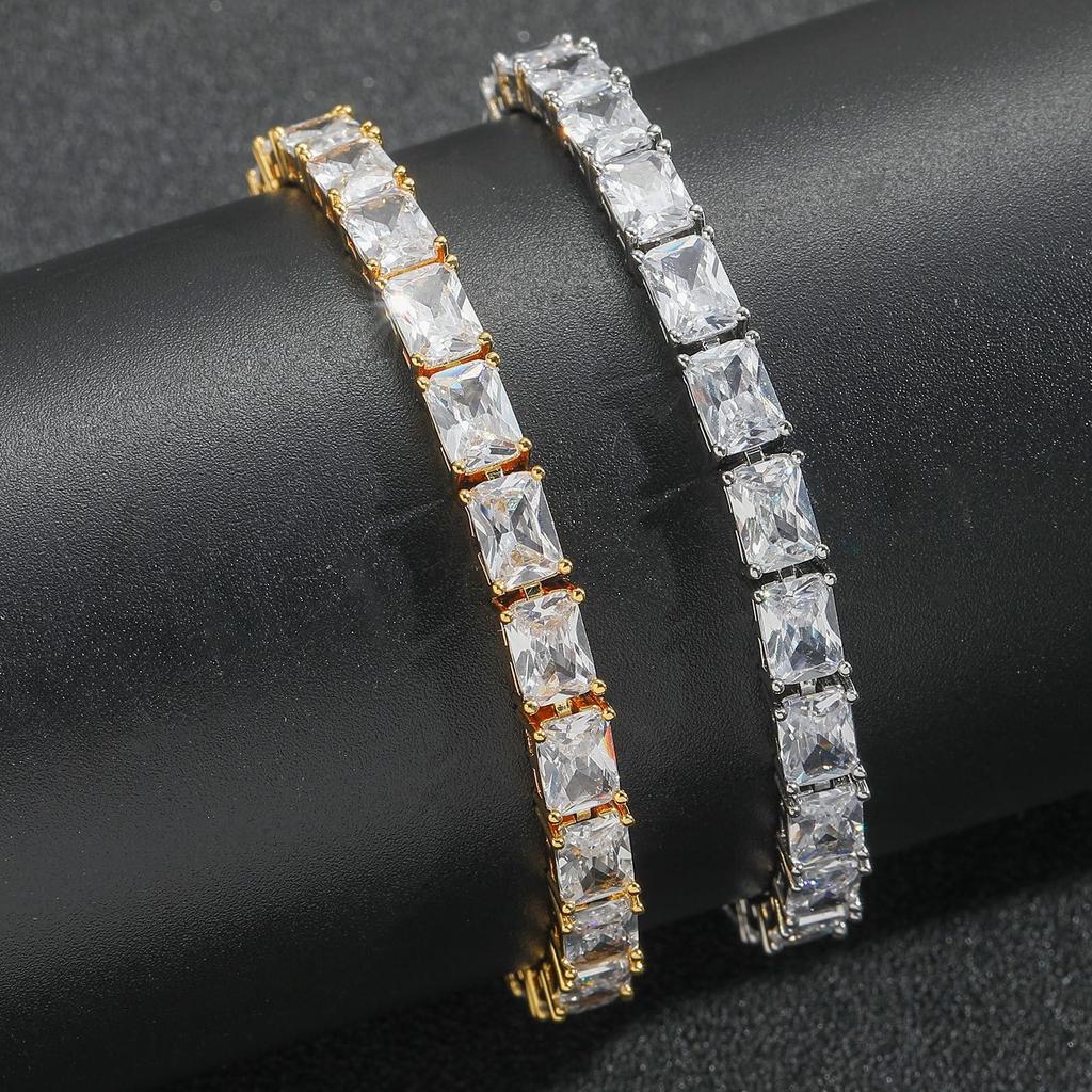 Rockyu Unisex Tennis Chain Bracelet with Cubic Zirconia, Square Cut, Gold and Silver Finish, 5mm Wide, 17.7cm Long, Simple and Sparkling Design, Unise