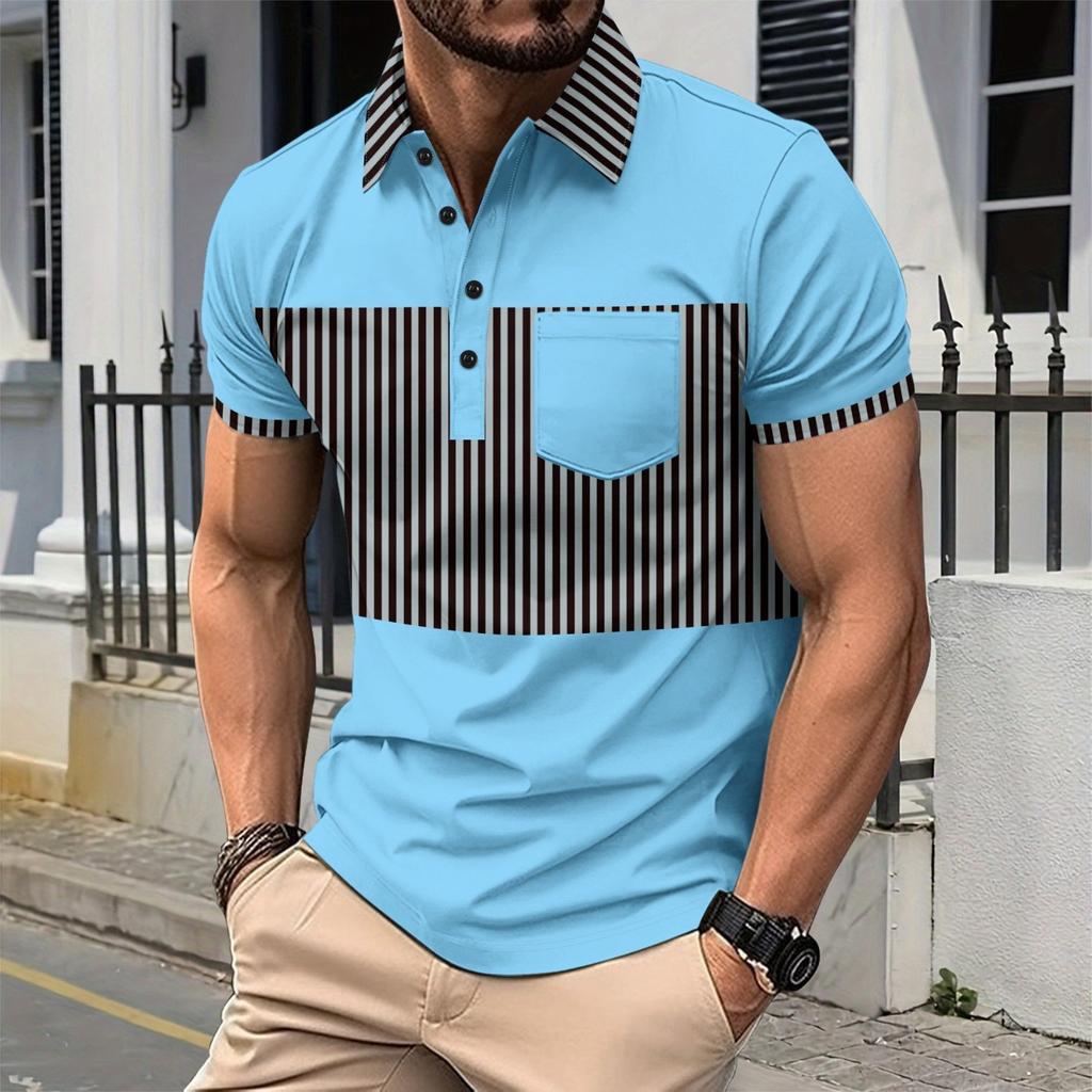 New men's casual POLO shirt pockets buttons long placket lapel striped matching colour splicing T-shirt tops