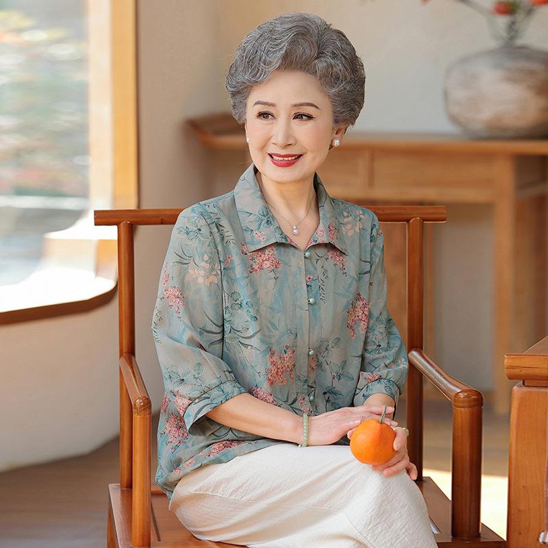 

Vintage Floral Imitation Silk Seven-Sleeve Shirt for Seniors 2XL (Recommended for 55-60 kg) синий