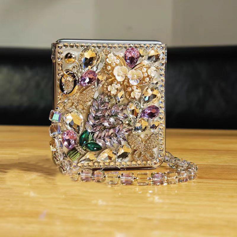 Husă de lux cu perle, elegantă, cu fluture, cu diamant, cristal lavandă pentru încheietură, pentru telefon Samsung Galaxy Z Flip 3 4 5 6 ZFLIP6