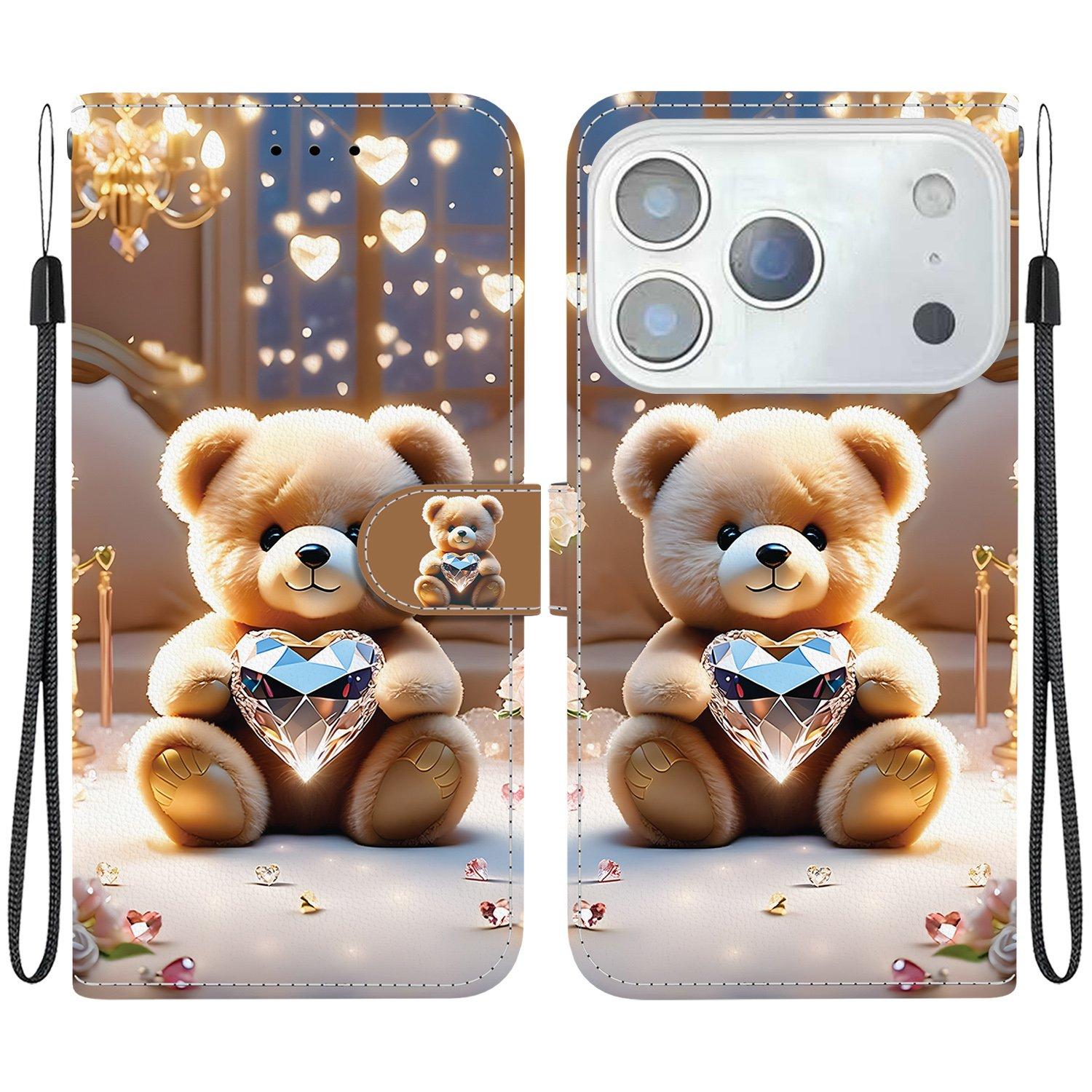 

For iPhone 17 Pro Max Leather Case Stand Wallet Pattern Printing Phone Cover with Wrist Strap Diamond Bear