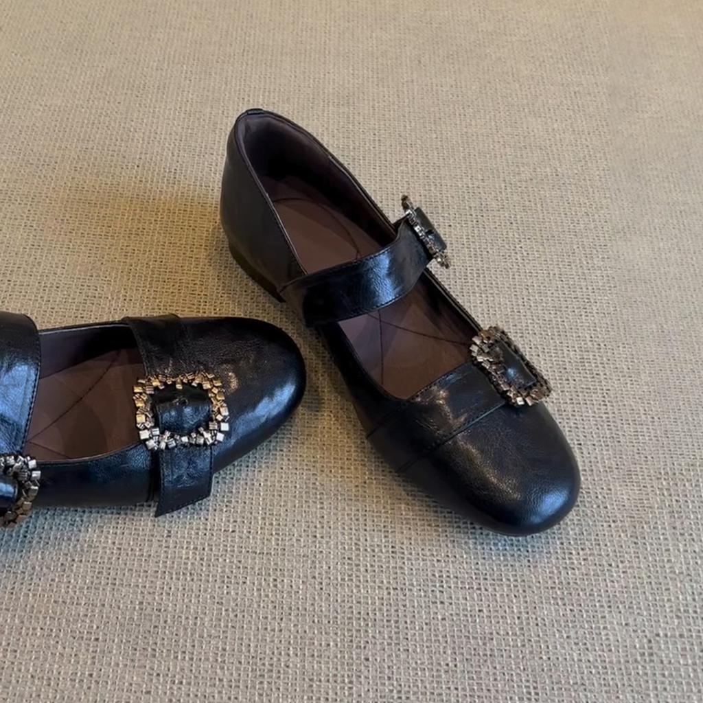 Sheepskin Version~ Retro Metal Square Buckle Mary Jane Small Leather Shoes Low Heel Round Head Leather Word with Shallow Mouth Single Shoes Women