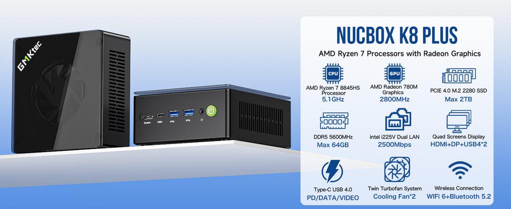 GMKtec-Mini PC K8 Plus Ryzen 7 8845HS, Ordinateur Gamer,Windows11Pro,DDR5, 5600Mhz,PCIe 4.0,Nvme, SSD, WiFi6, BT Stimule Mini PC