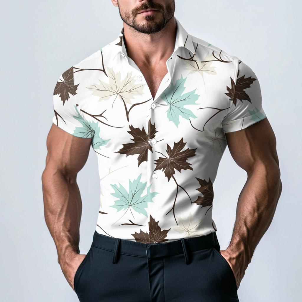 Pánská módní tištěná saténová košile s krátkým rukávem