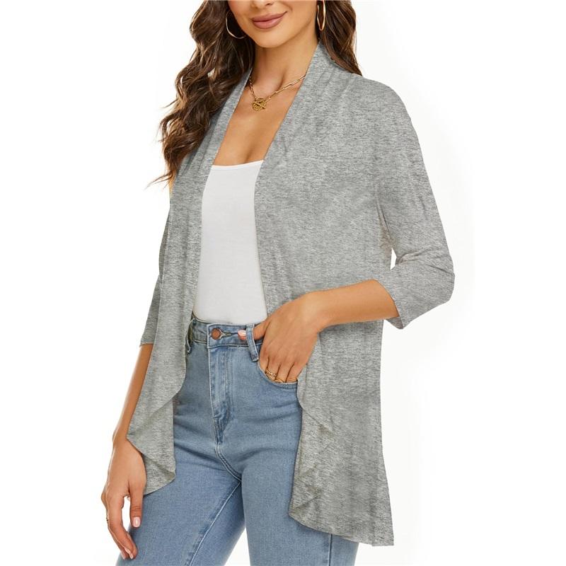Europäische und Amerikanische Sommer Damen Oberteile, Neue einfarbige Strickjacken, Dreiviertelärmel, Rüschen, Lässiger Minimalistischer Stil
